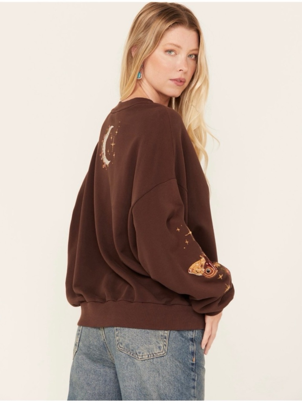 Anthropolgie Driftwood Hallucination Teddy Brown Embroidery Sweatshirt Size S - Picture 2 of 14